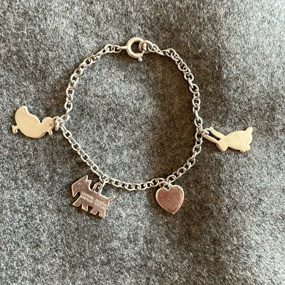 Lenore Doskow Handmade Sterling Silver Antique Charm Bracelet w Animals & Heart!